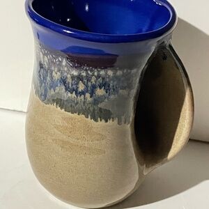Neher Pottery Handcrafted Ceramic hand warming Mug with Blue and Tan Design